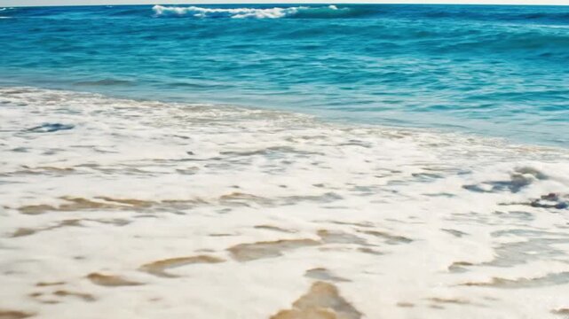 Ocean waves crashing gently onto the golden sandy beach during a sunny day capturing calming natural motion in this high quality relaxing blue water video footage