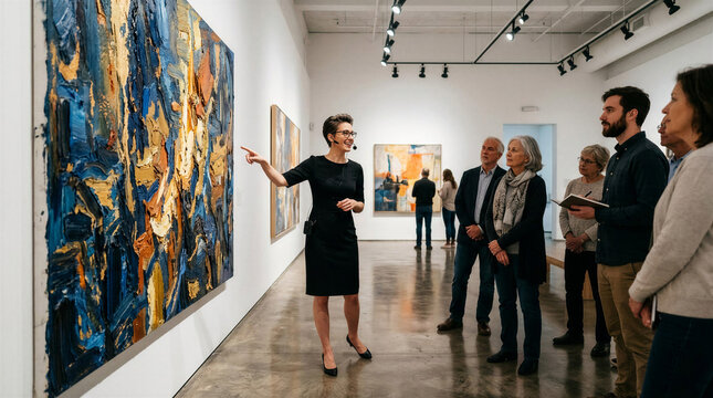 Guided tour in modern art gallery with female docent, perfect for educational brochures, cultural lifestyle blogs, museum marketing materials, and articles about art appreciation or lifelong learning