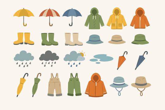 Set of 24 Flat Vector Icons for Spring Rain Gear in a Muted Editorial Palette Featuring Umbrellas, Raincoats, Rubber Boots, Hats, Rain Clouds, and Puddles for Seasonal Weather Design Projects