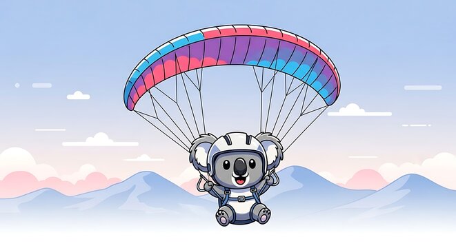 A cartoon koala wearing a helmet gracefully descends via a colorful paraglider against a backdrop of mountains and a gradient sky