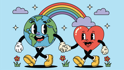 Obraz premium Adorable cartoon illustration of Earth and heart characters holding hands under a colorful rainbow. Symbolizing love, environmental care, unity, and sustainability