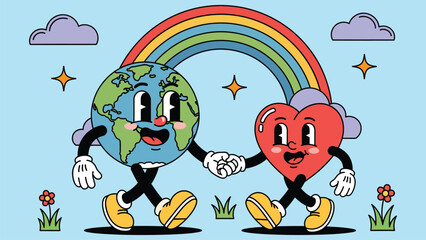 Obraz premium Adorable cartoon illustration of Earth and heart characters holding hands under a colorful rainbow. Symbolizing love, environmental care, unity, and sustainability