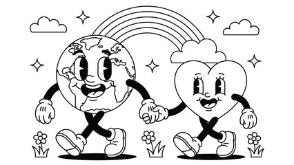 Obraz premium Black and white line art illustration of cute Earth and heart characters holding hands under a rainbow. Ideal for coloring pages, kids activities, educational worksheets, and Earth Day themed material