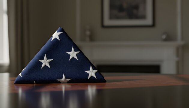 Folded american flag on wooden table for memorial day concept, symbolic of folding the flag to honor fallen veterans and heroes in a solemn home interior