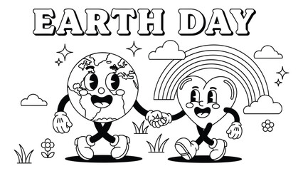 Obraz premium Black and white line art illustration of cute Earth and heart characters holding hands under a rainbow. Ideal for coloring pages, kids activities, educational worksheets, and Earth Day themed material