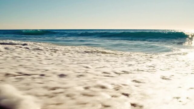 Powerful ocean waves crashing onto a golden sandy beach under a clear blue sky, showcasing the dynamic motion of surf and white foam footage.