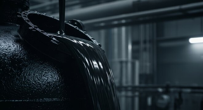 Thick Black Liquid Pouring from Industrial Vessel