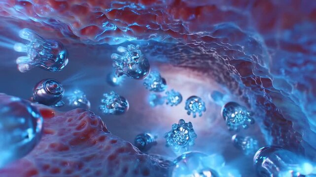 Tracking shot of microscopic viral like particles floating through internal tissue cavity with blue glowing droplets