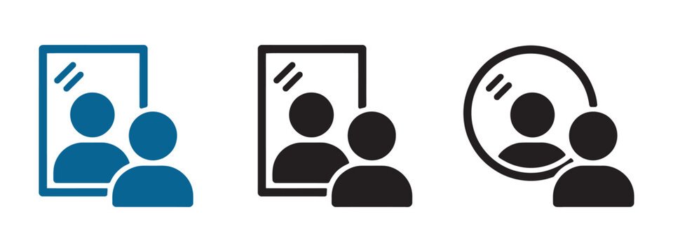 Mirror looking icon, man looking at mirror vector illustration, person standing in front of reflection sign, mirror image concept design