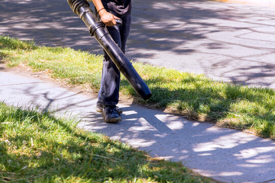 Person uses leaf blower on sidewalk and lawn in residential area