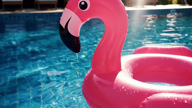 Pink Flamingo Pool Float - A vibrant pink inflatable flamingo floats serenely in a blue swimming pool, glistening with water droplets. The water is rippling, catching the sunlight.