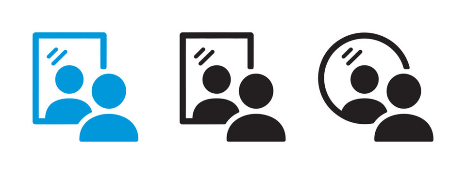 Mirror looking icon, man looking at mirror vector illustration, person standing in front of reflection sign, mirror image concept design