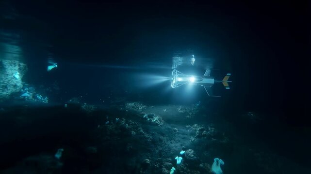 Tracking shot of underwater drone scanning rocky seabed with searchlights in deep ocean