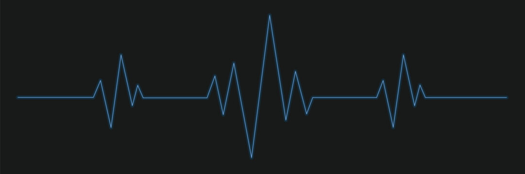 glowing blue ecg heartbeat pulse line on dark black background &mdash; neon cardiac monitor waveform vector