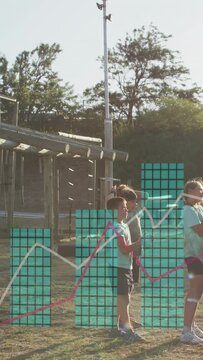 Vertical video: Three kids lining at play area mid boy swinging rope showing camp graphs over kids