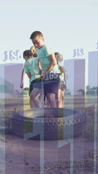 Vertical video: 6 kids at tire, boy pulling chain testing, walking as bars tracking sports motion