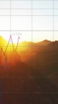Vertical video: Sun rising over ridge, causing grid with market charts moving and % labels fading