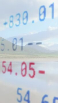 Vertical video: Finance HUD overlay appearing over beach, scrolling values, showing currency shifts