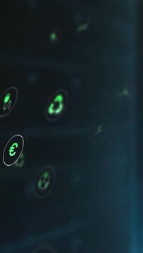 Neon-green icons appearing, drifting right, rotating and pulsing, highlighting energy recycling