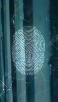 Vertical video: Security starting cyan fingerprint scanning over slats UI, glitching with node code