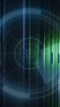 Vertical video: Radar HUD starting wedge sweep, scanning rings and pulsing bars for tech monitoring