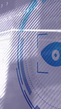 Vertical video: Circular HUD entering from right, rotating rings, pulsing eye, tracking flight data