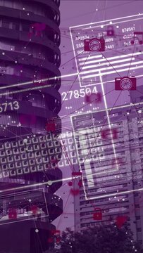 Vertical video: Towers receiving live feed, displaying purple data overlay for smart city
