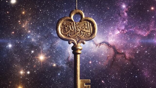 Cosmic Key with Arabic Script - A golden key with an ornate design featuring Arabic script floats against a backdrop of a star-filled galaxy.