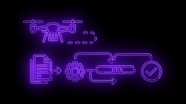 Neon purple line icons of a drone transferring data to a server, then to a gear, and finally to a clock on a black background with a glowing effect.