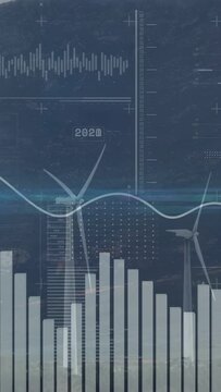 On playback starting two wind turbines anchoring, blades rotating, HUD charts showing wind power