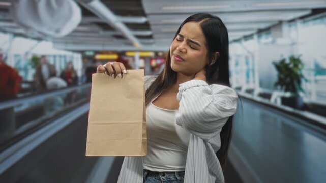 Young woman holding a brown paper bag in one hand while rubbing her neck with the other on an airport moving walkway, eyes closed in discomfort; travel fatigue.