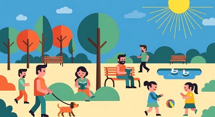 Obraz premium A vibrant flat illustration of a park scene with people enjoying various activities, under a warm sun, and ducks in the pond