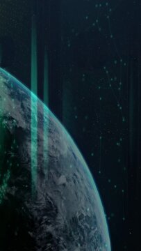 Vertical video: Planet rotating as camera panning in tech, pulsing teal beams revealing detail