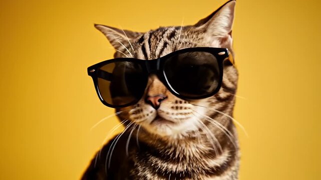 Cool Cat Wearing Sunglasses - A tabby cat wearing oversized black sunglasses and looking directly at the camera. The cat has a yellow background.