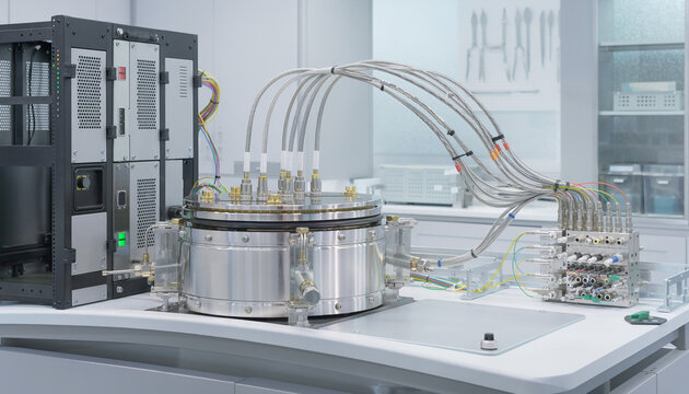 Advanced scientific research equipment featuring a stainless steel vacuum chamber, braided high-pressure hoses, and electronic control racks in a modern laboratory.