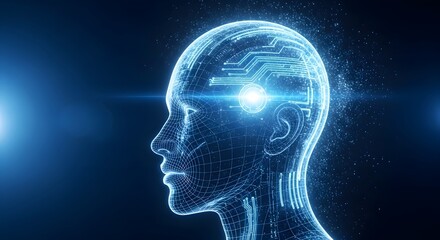 Obraz premium Futuristic human head with glowing blue circuit and light effect