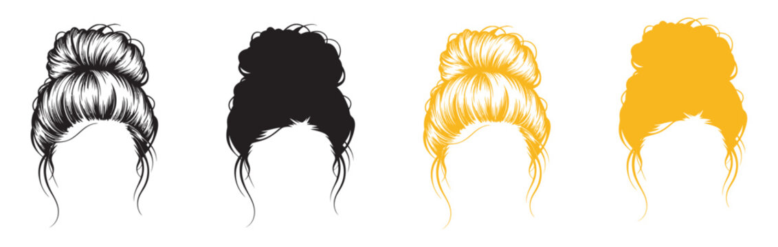 Messy bun hairstyle tutorial, easy quick bun hairstyle updo guide for long medium short women girls trendy editable vector illustration