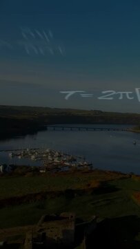 Vertical video: Ruins and marina filling frame, camera shifting down, formulas drifting for science