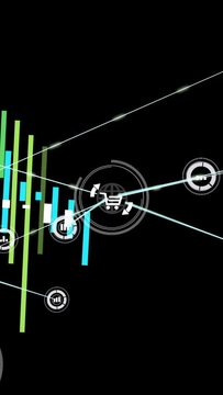 Vertical video: HUD cueing cart globe pulsing, linking nodes while bars rising to show retail sales