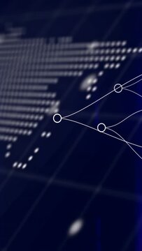 Vertical video: Cam panning over dot map network animating code fading, focusing on Europe for tech