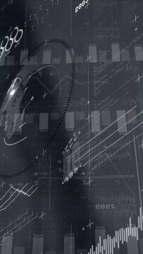 Stylized cluster pulsing on tech HUD, dotted orbit sweeping causing bar line charts showing trends