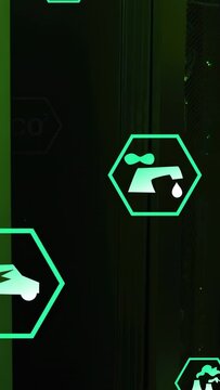 Vertical video: Camera panning, hex icons sliding over mesh, showing EV CO2 water for DC insight