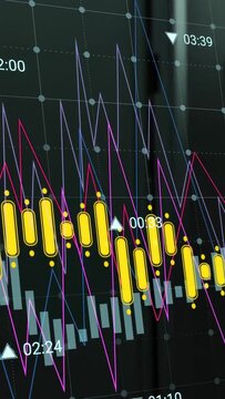 Vertical video: On play market chart shifting, yellow candles waving, times scrolling to show trend