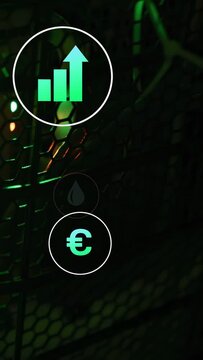 Vertical video: Teal icons euro popping chart growing drop stacking hand sliding showing tech mesh