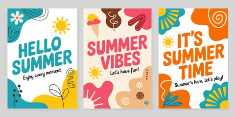 Fototapeta premium Colorful summer posters with fun illustrations and quotes about summer time activities outdoors