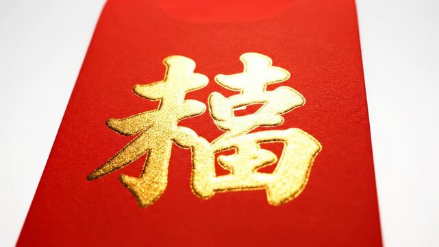 Traditional Chinese Red Envelope with Gold Embossed Fortune Character on White Background for Lunar New Year and Cultural Celebration.