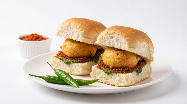 Two indianstyle vada pav sandwiches on a white plate with green chili peppers and a small bowl of spices