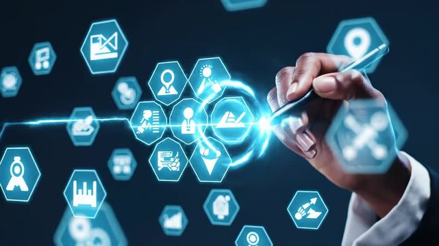 Futuristic Digital Interface Interaction with a hand using a stylus on glowing hexagonal icons for business technology and software development concepts.