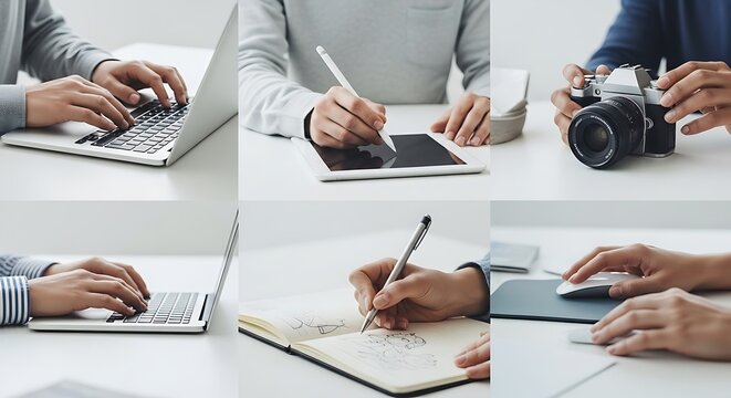 Composite image showing various hands using technology and creative tools on a clean white surface. Including a laptop, tablet, camera, notepad, and a computer mouse