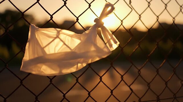 Plastic Bag Caught on Fence at Sunset - A discarded white plastic shopping bag is snagged on a rusty metal chain-link fence with the sun setting in the background.